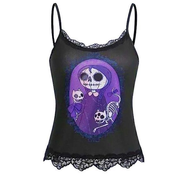 Tops - Dark Academia Spooky Grunge Aesthetic Y2K Skeleton Cat Print Lace Trim Camisole